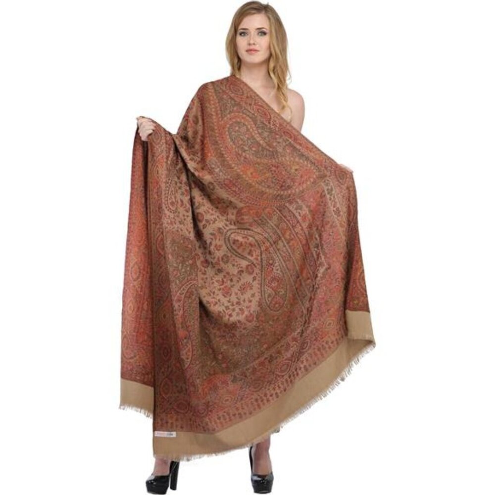 Exotic India Reversible Jamawar Shawl With Woven Paisleys - Wool
